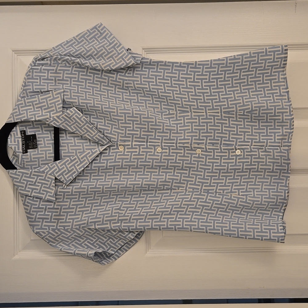 Halston  Blue and White H Patterned Silk Blouse
